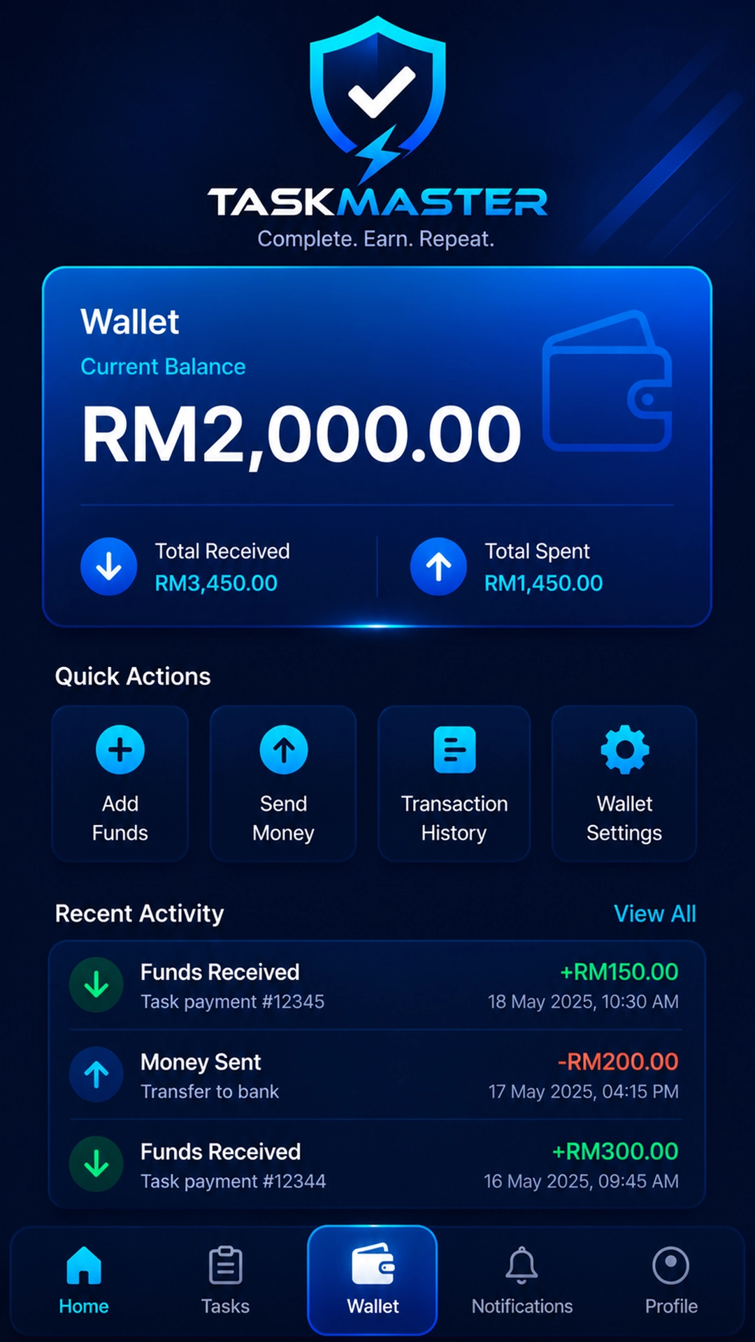 TaskMaster wallet display with RM2,000 balance